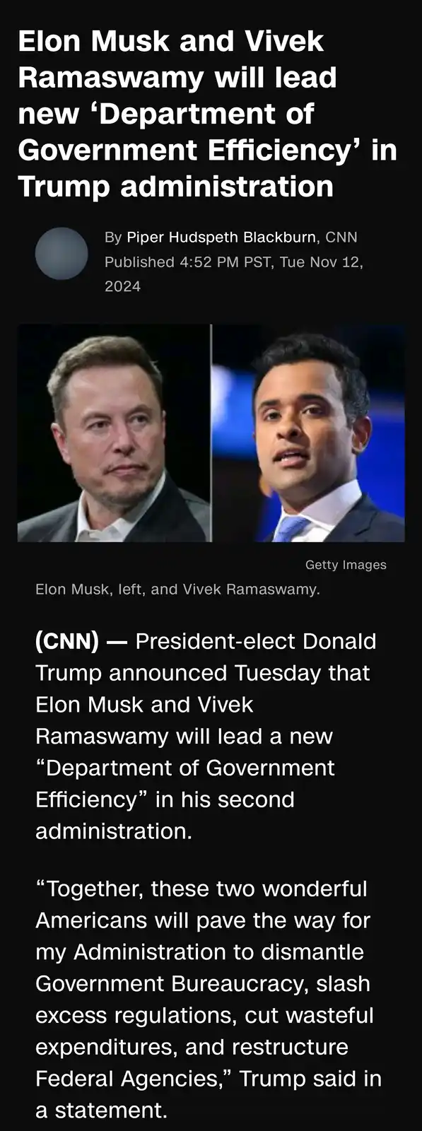 The image displays a fabricated CNN news article screenshot with a headline stating that Elon Musk and Vivek Ramaswamy will…