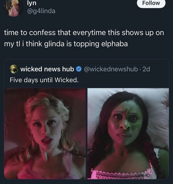 A screenshot of a tweet from 'wicked news hub' showing a split image: on the left, a blonde woman (Glinda) in pink lighting…