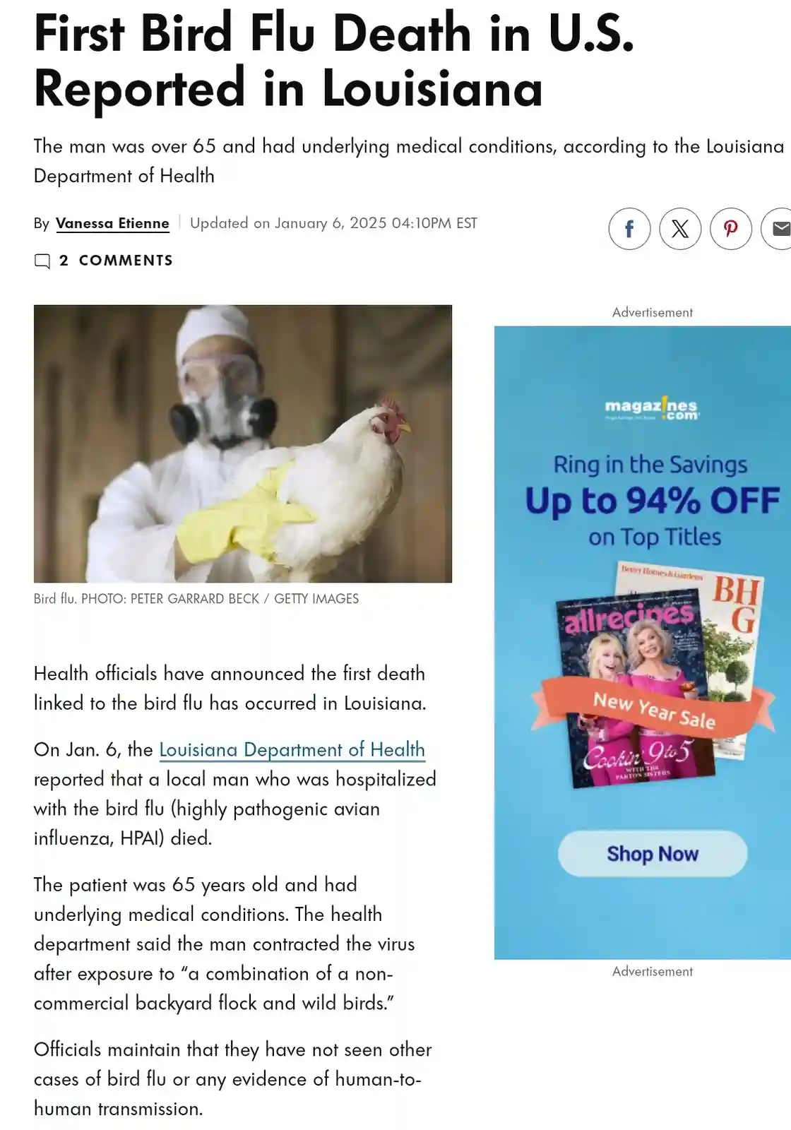 A screenshot of a news article about a bird flu death in Louisiana, featuring a photo of a person in full hazmat gear…