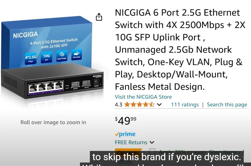 An online product listing for a NICGIGA 6-port 2.5G Ethernet switch shows its box and device with text describing features…