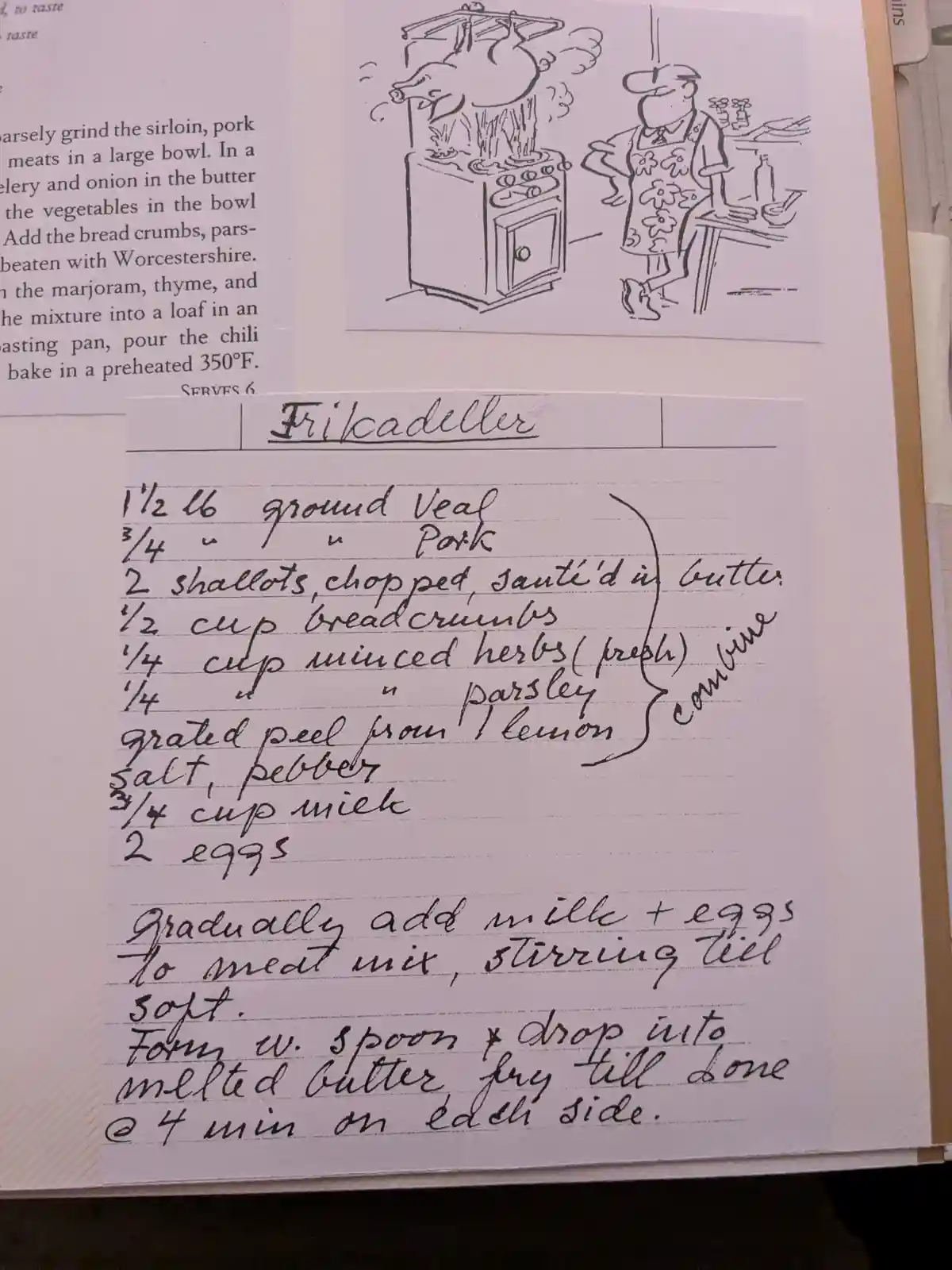 A handwritten recipe for 'Frikadeller' is shown on a lined notepad, listing ingredients like ground veal, pork, shallots…