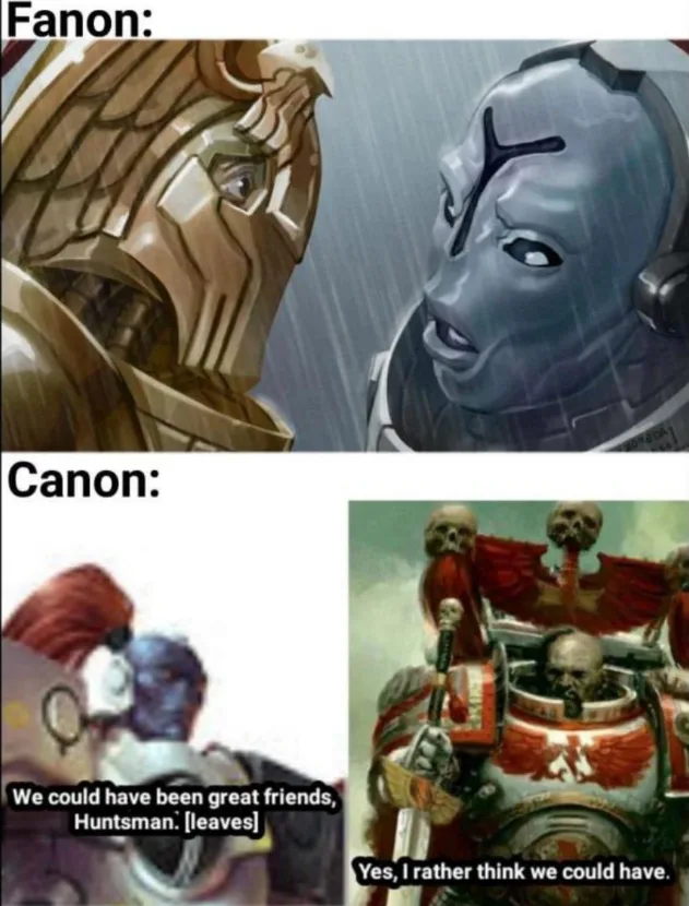 The meme contrasts fanon and canon interpretations of a fictional relationship. Top panel shows two characters in a…