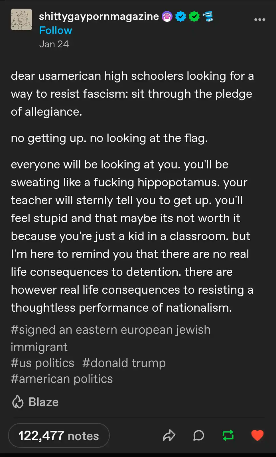 The image displays a social media post with white text on a dark background, featuring a message addressed to U.S. high…