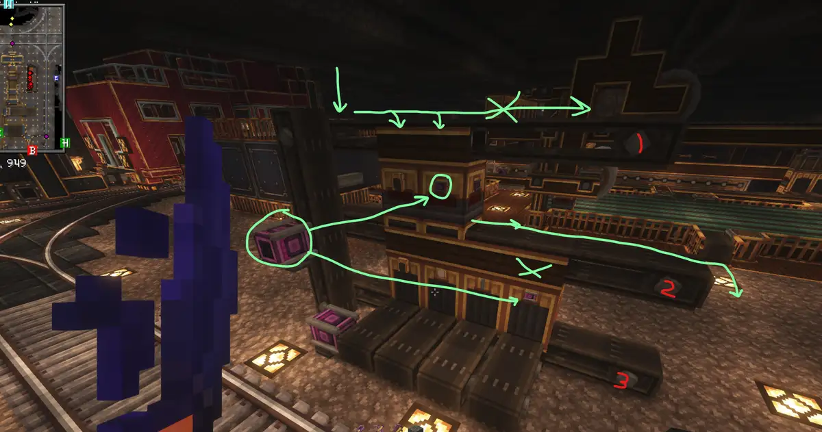A screenshot from the game Minecraft shows a complex, multi-level structure with green arrows and circles drawn over it…