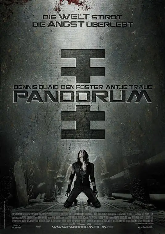 The image is a movie poster for 'Pandorum' featuring a central figure kneeling in a dark, industrial setting with a large…