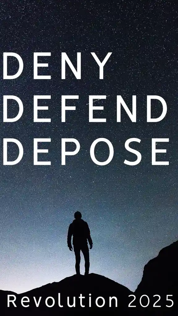 A silhouette of a person standing atop a rocky peak under a starry night sky, with large white text reading 'DENY DEFEND…