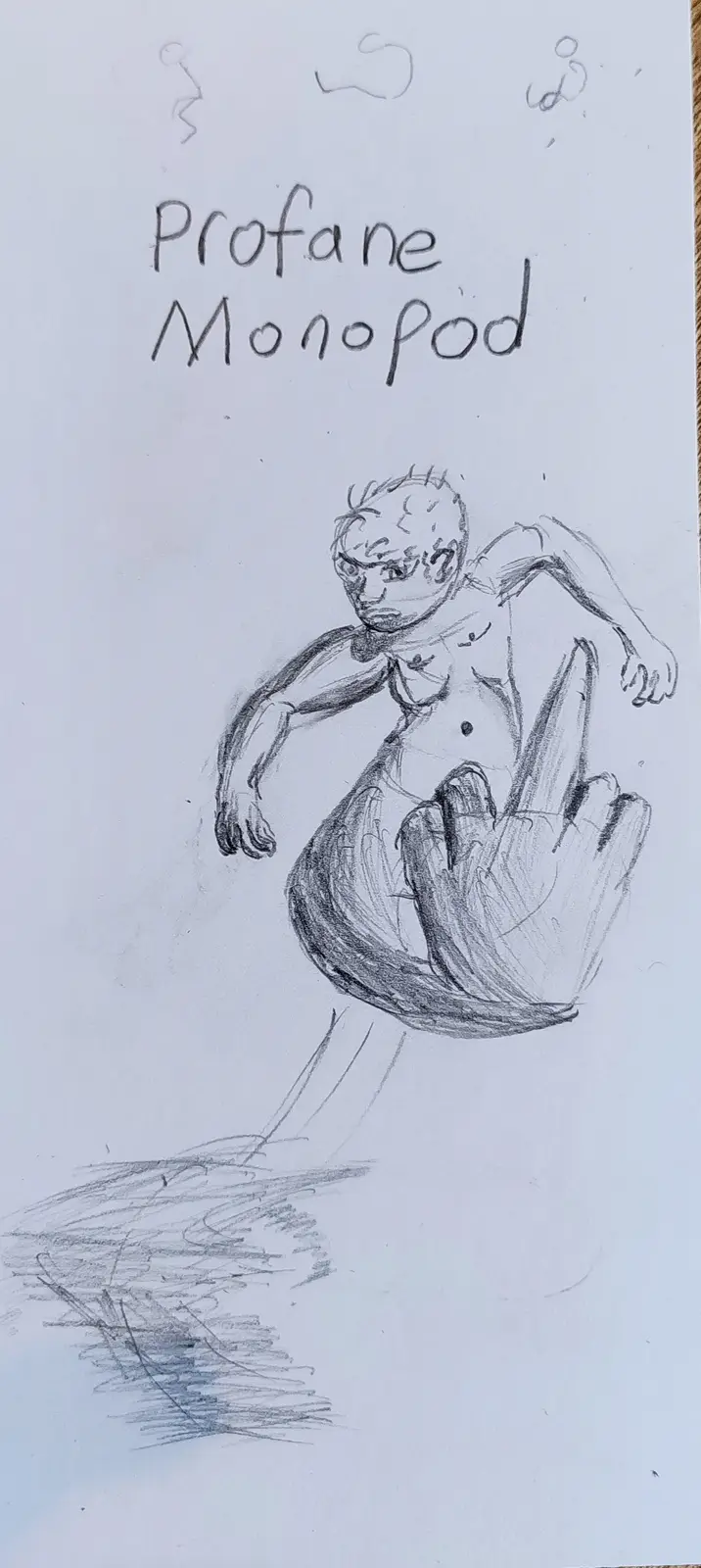 A hand-drawn pencil sketch depicts a humanoid figure with a large, exaggerated hand serving as its lower body or base…