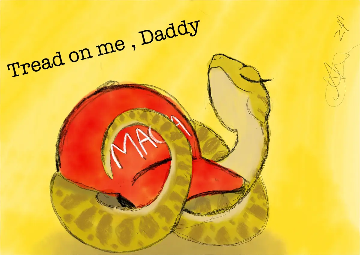 A hand-drawn illustration shows a yellow snake coiled around a red baseball cap with the word 'MAC' written in white on its…