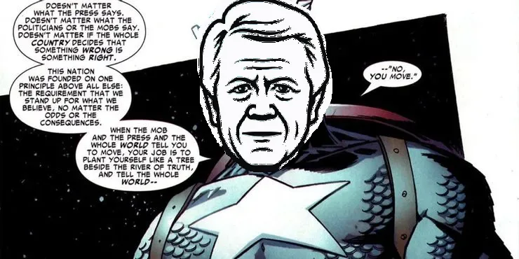 A comic book panel shows an older man in a star-spangled costume with a stern expression. Speech bubbles around him contain…