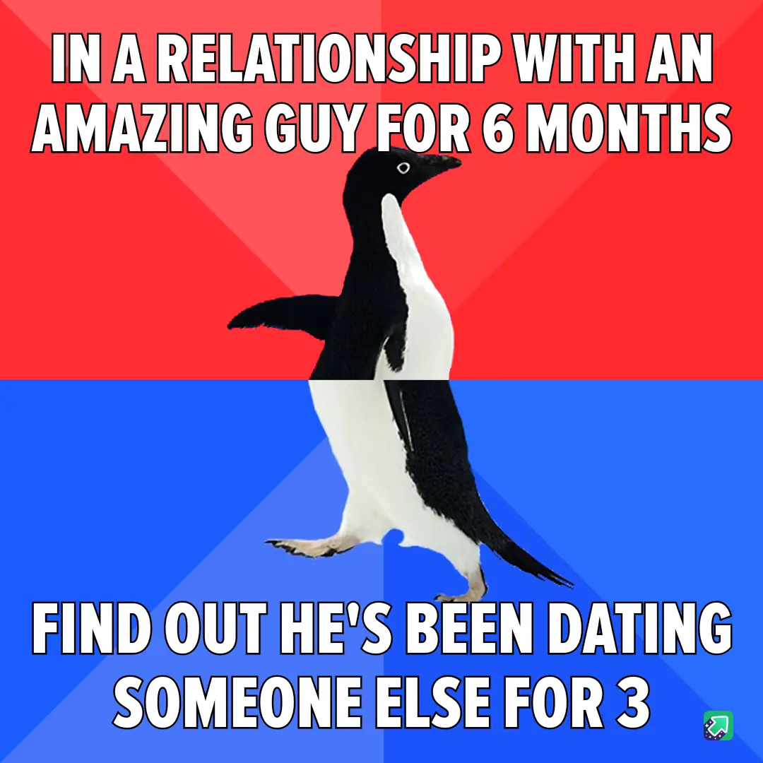 A penguin stands centered against a red and blue background, with white bold text above and below. The top text reads 'IN A…