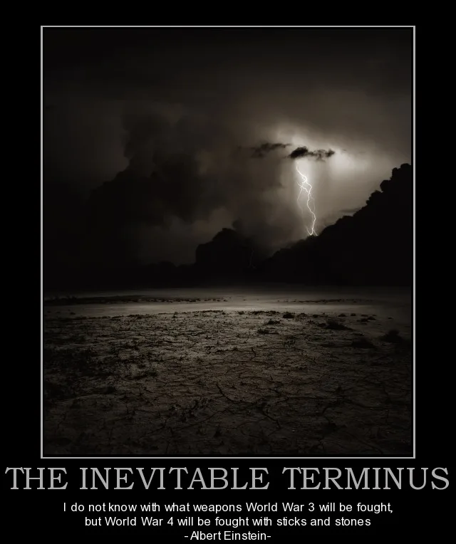 A black-and-white photograph shows a dramatic lightning strike illuminating a dark, stormy sky over a cracked, barren…