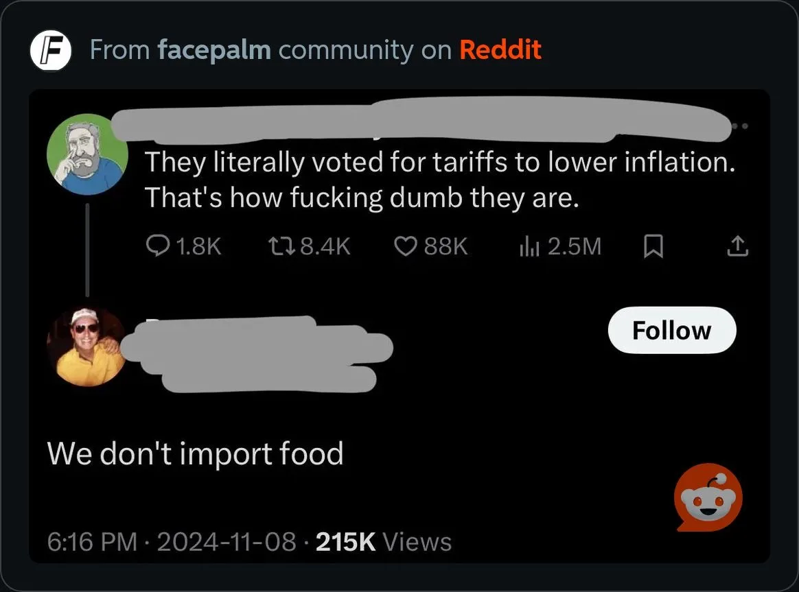 A Reddit comment thread shows a user claiming voters are 'dumb' for supporting tariffs to lower inflation, followed by a…