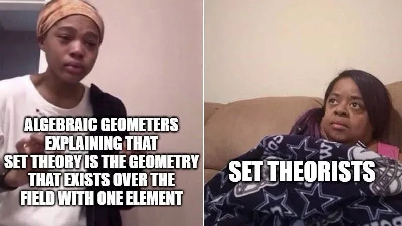The image is a split-screen meme. On the left, a person with a headband looks confused while text explains algebraic…