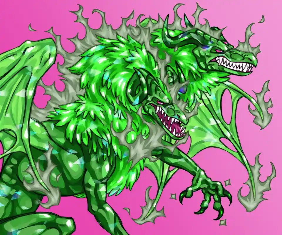 A vibrant, cartoon-style illustration of a green, muscular dragon with two heads, both snarling with sharp teeth, set…