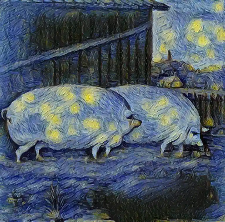 The image is a digitally altered version of Vincent van Gogh's 'Starry Night,' where the swirling night sky and village are…