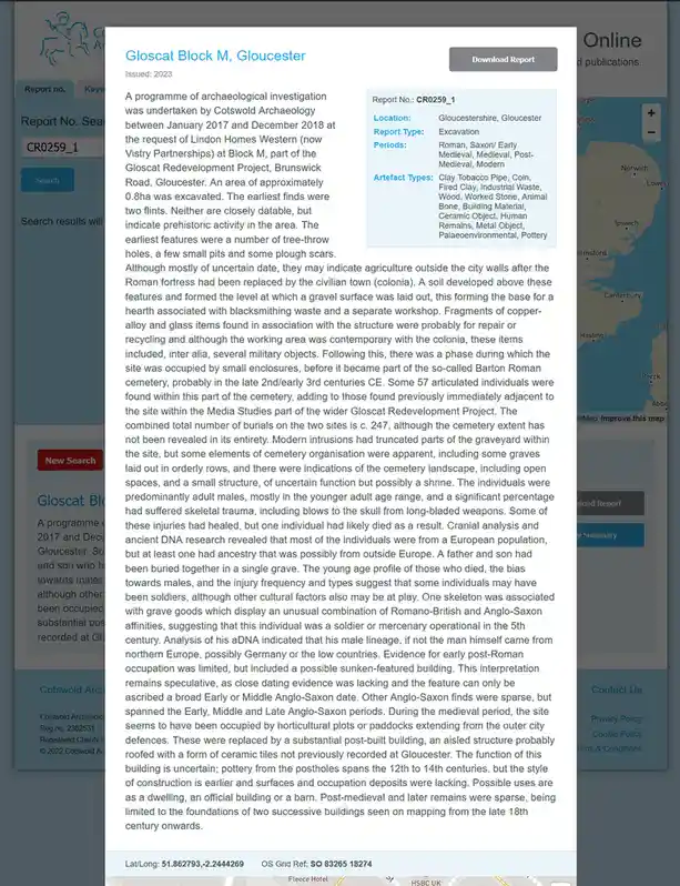 A screenshot of an archaeological report titled 'GlosCat Block M, Gloucester' from 2023, detailing excavations from…