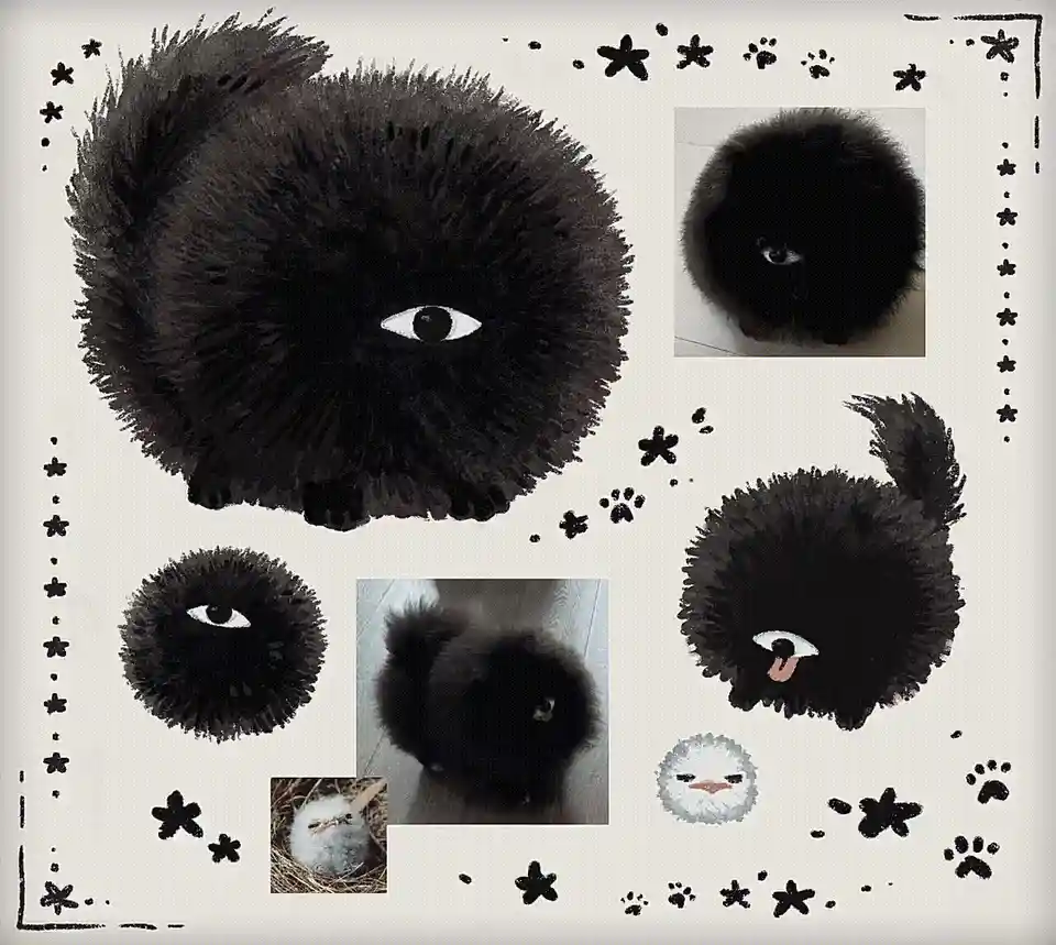The image displays a black, fluffy, one-eyed creature in multiple poses and expressions, including sticking out its tongue…