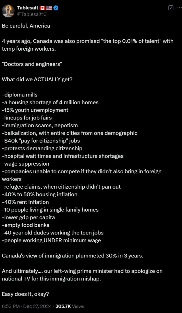 A black-background social media post by 'Tablesalt' detailing a satirical comparison between Canada's past immigration…