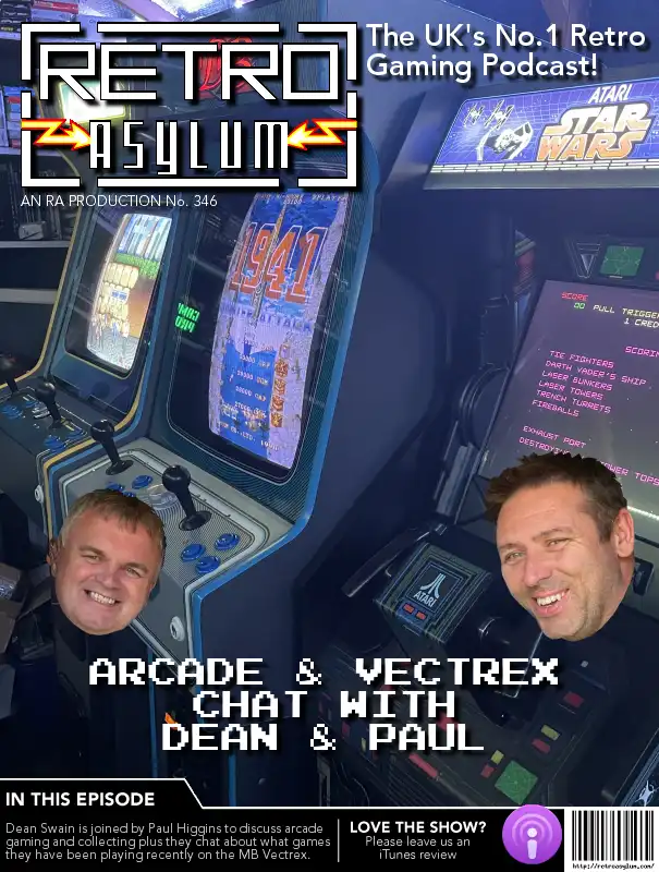 An image of two men smiling, superimposed onto a background of vintage arcade machines, including a Star Wars game and a…