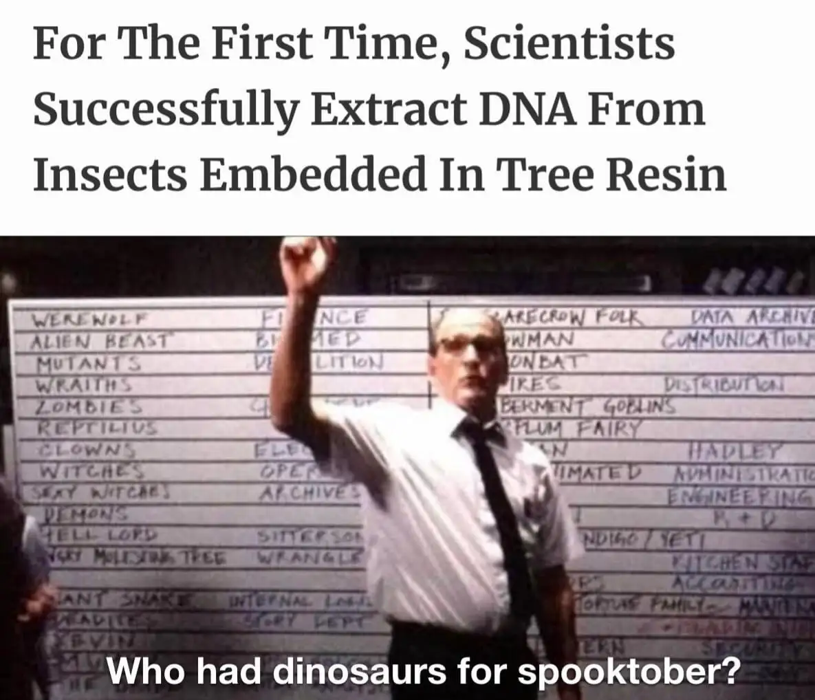 A man in a white shirt and tie stands in front of a whiteboard filled with handwritten fantasy creature names like…