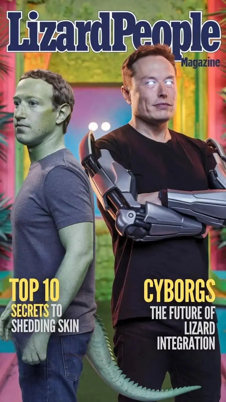 A digitally altered magazine cover titled 'Lizard People Magazine' features two men, one with green lizard skin and a tail…