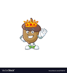 A cartoon acorn character with a smiling face, arms, and legs, wearing a golden crown and waving. The acorn has a brown…