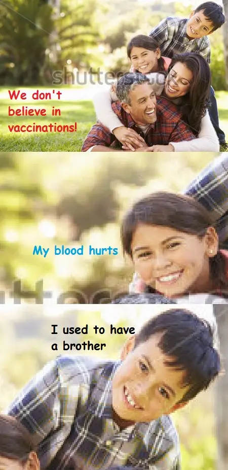 A three-panel meme using a family photo. Top panel shows a smiling family of four with red text: 'We don't believe in…