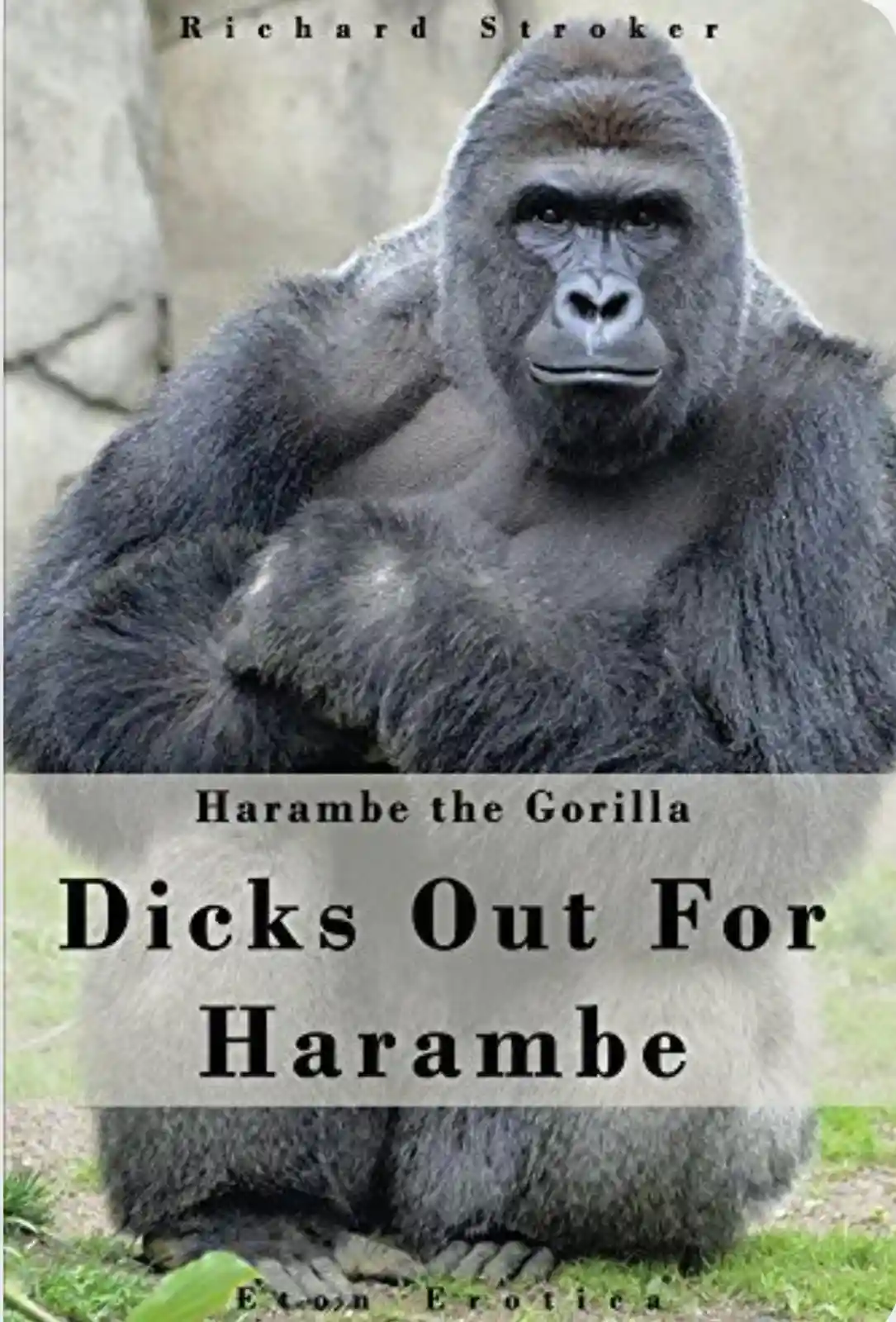 A close-up photo of a large, dark-furred gorilla sitting and looking forward, with text overlaid that reads 'Richard…