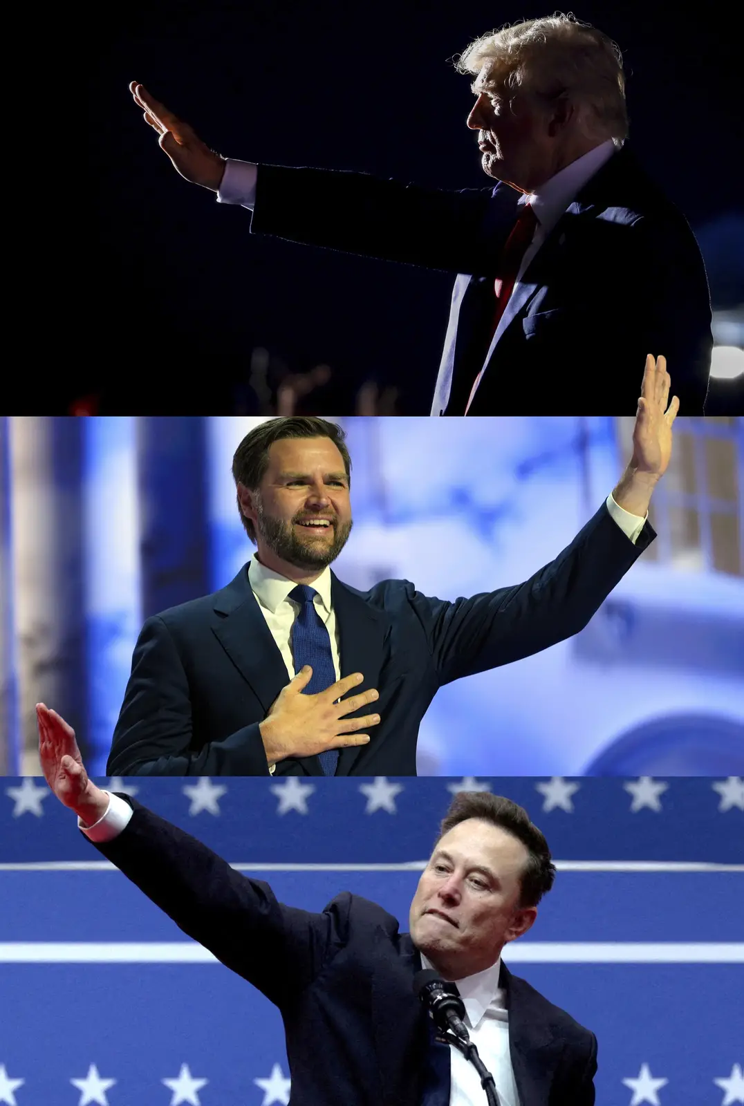 A vertical triptych image shows three men in suits on political stages, each raising one arm in a waving gesture. The top…