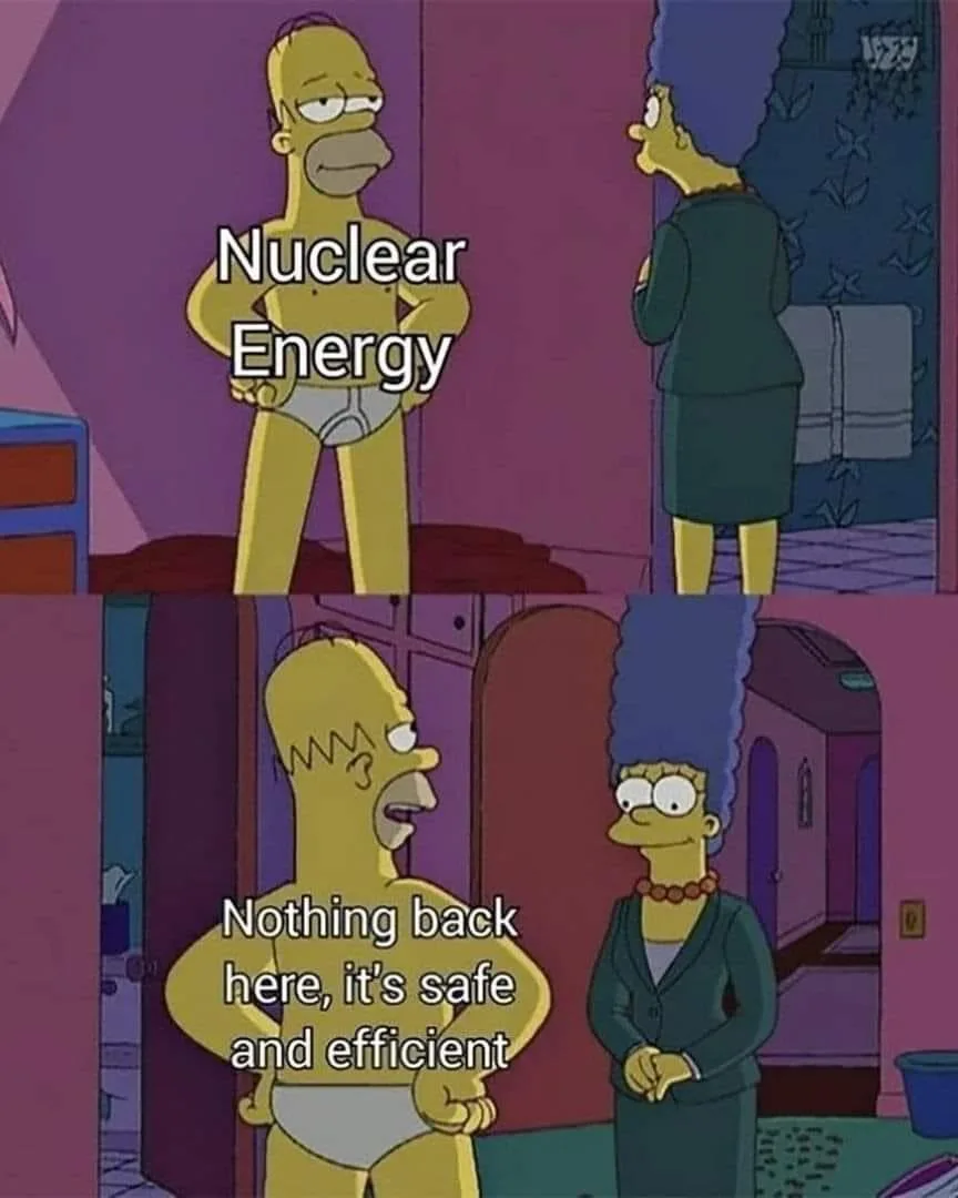 The image is a two-panel meme from The Simpsons. In the top panel, Homer Simpson, labeled 'Nuclear Energy', stands shirtless…