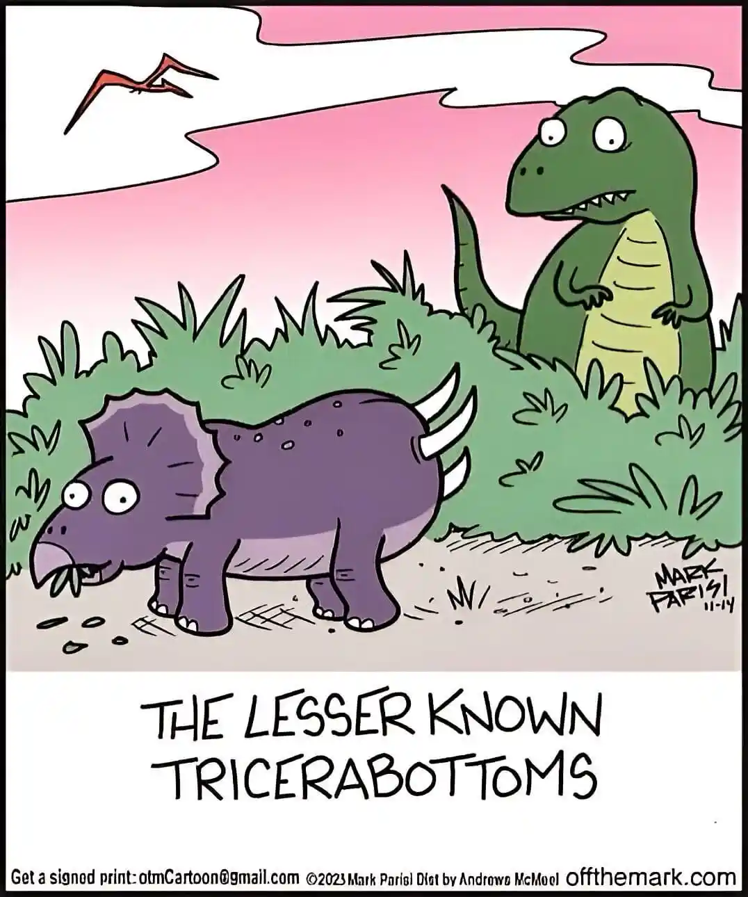 A cartoon depicts a purple triceratops with a surprised expression, standing in grass with a green dinosaur watching from…