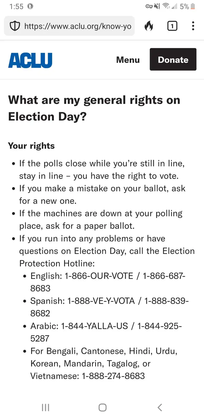 A screenshot of the ACLU website's 'What are my general rights on Election Day?' page, listing voter rights like staying in…