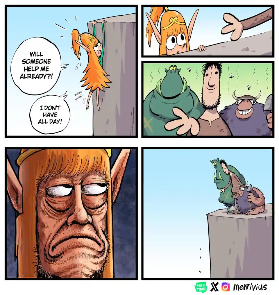 A four-panel comic strip shows a distressed elf girl clinging to a cliff edge, yelling for help. Two muscular, non-elf…
