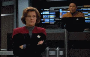 A six-panel sequence from Star Trek: The Next Generation showing Captain Picard in a red command uniform, initially standing…