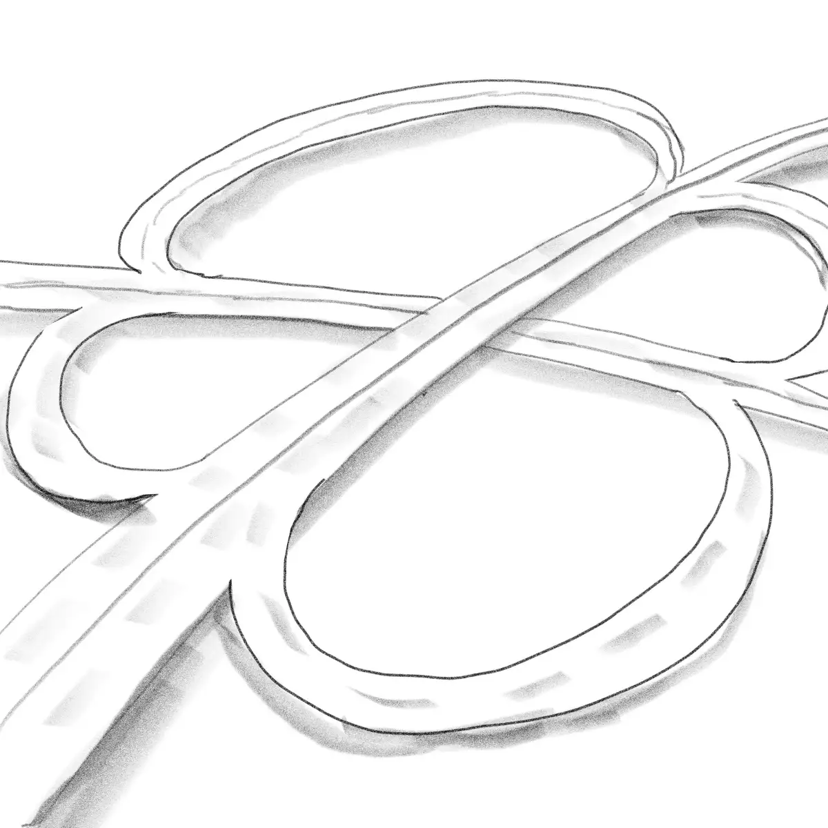 A black-and-white sketch of a pair of scissors with exaggeratedly long, curved blades and handles, drawn with shading to…
