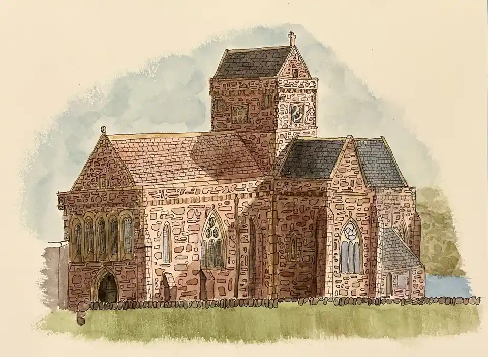 A watercolor illustration of a stone church with a tower, arched windows, and a cross on top, set against a cloudy sky and…