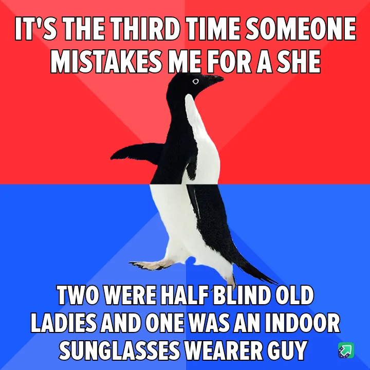 A penguin stands against a red and blue background, with white text overlaid in two sections. The top text reads 'IT'S THE…