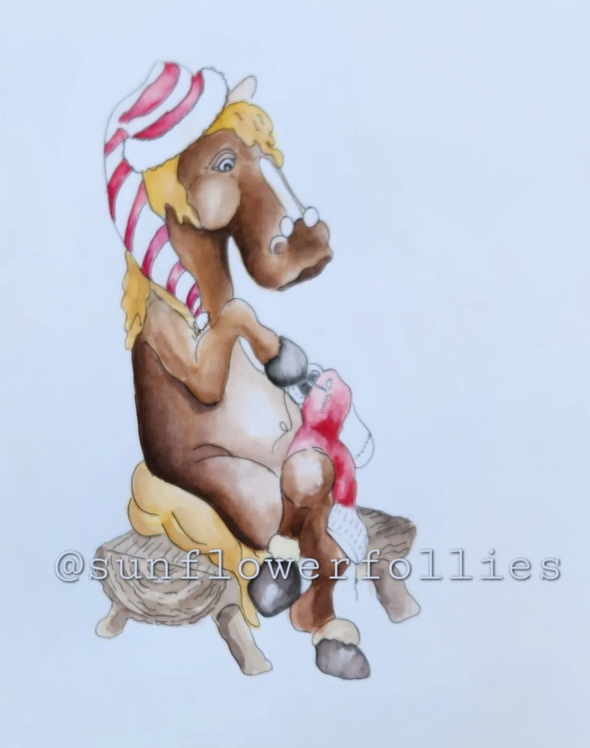 A watercolor drawing of a brown cartoon horse wearing a red-and-white striped candy cane hat and sitting on a small wooden…