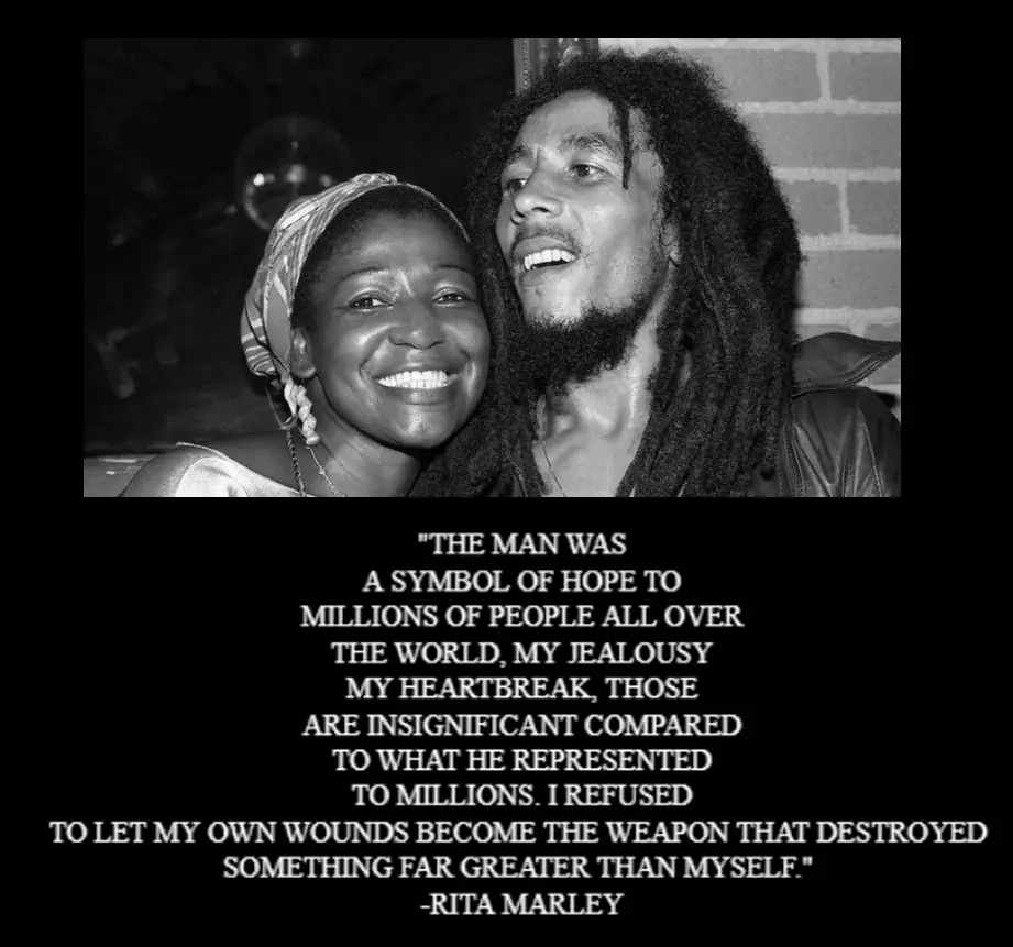 A black-and-white photo shows Rita Marley smiling beside Bob Marley, who is also smiling. Below the image, a quote…