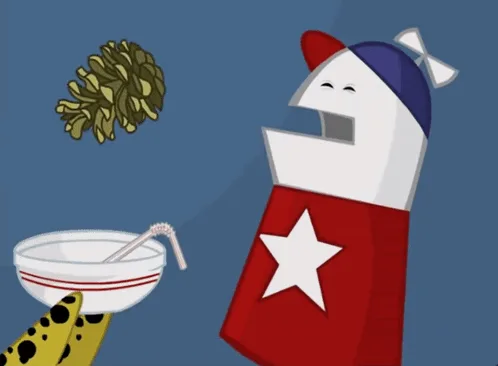 A cartoon character wearing a red outfit with a white star and blue hat eats a pine cone from a bowl, then spits out pine…