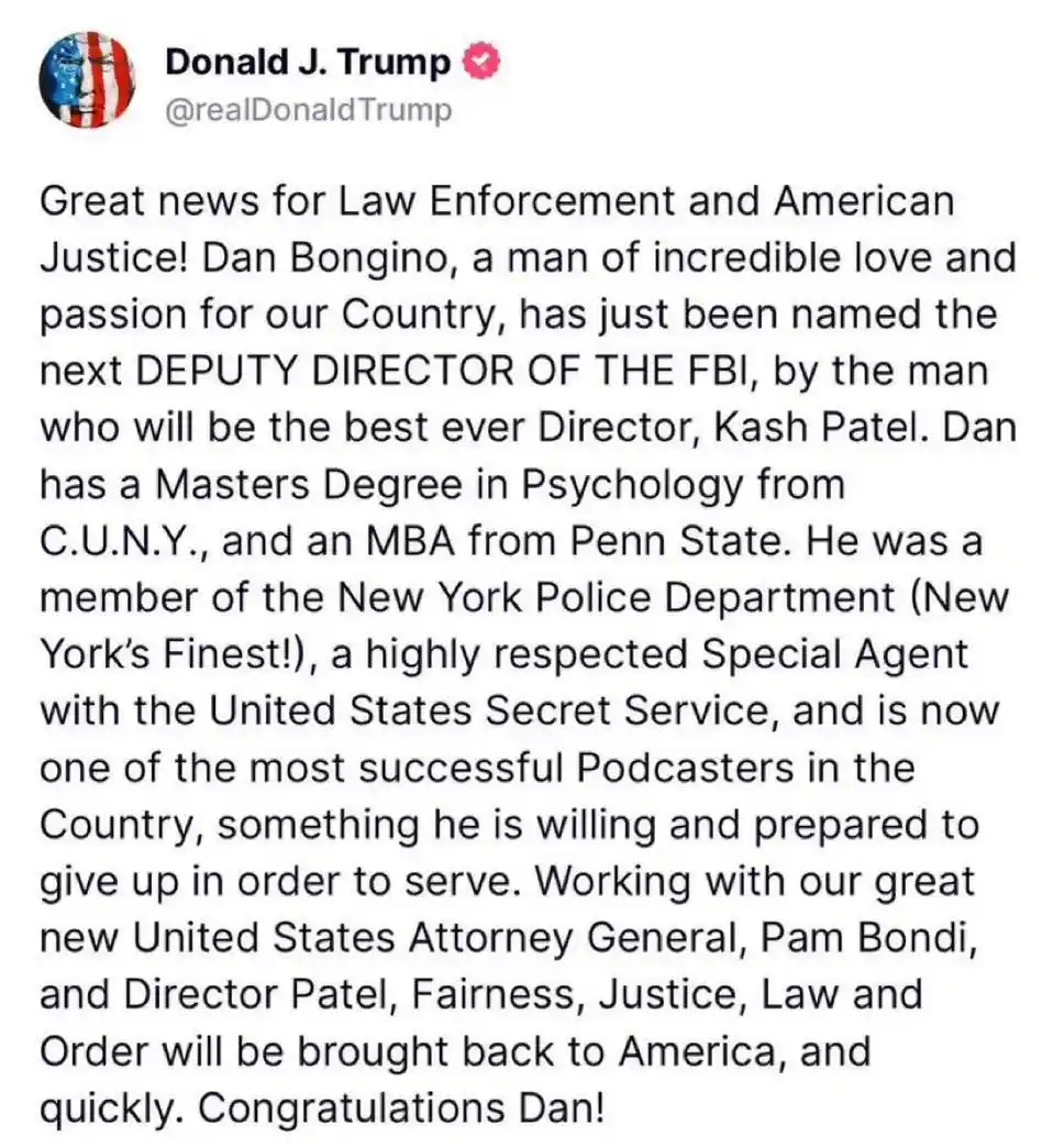 A screenshot of a tweet from Donald J. Trump's verified Twitter account (@realDonaldTrump) that falsely claims Dan Bongino…