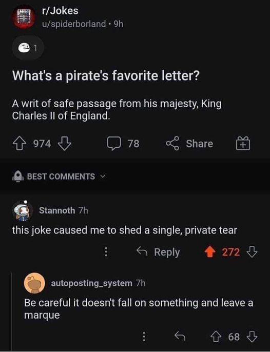 A screenshot of a Reddit post from r/Jokes showing a joke about a pirate's favorite letter being 'Writ of safe passage from…