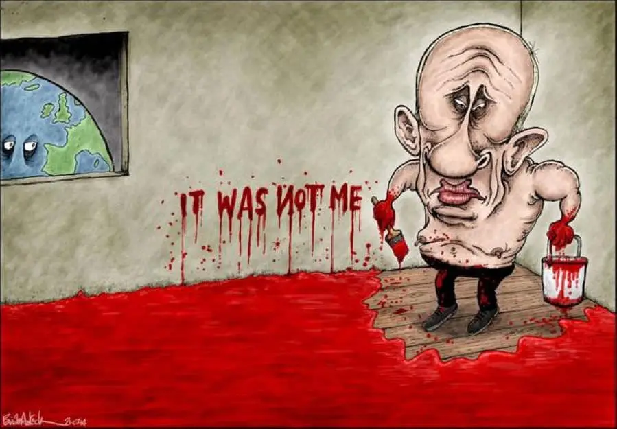 A cartoon caricature of Vladimir Putin stands in a room flooded with red paint, holding a paintbrush and bucket, with the…