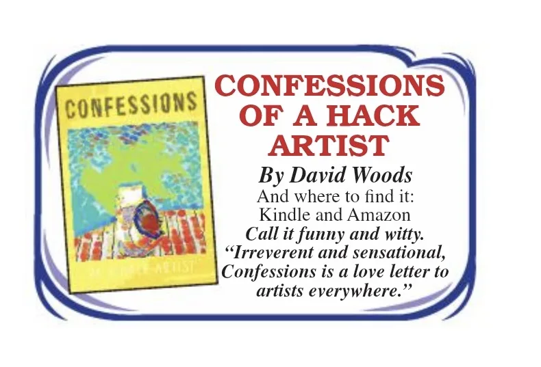 An image mimicking a book cover for 'Confessions of a Hack Artist' by David Woods, featuring a stylized painting of a figure…