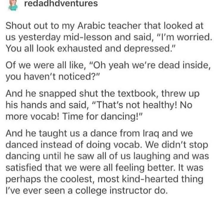 A screenshot of a social media post by 'redadhdventures' detailing a story about an Arabic teacher who, noticing students…