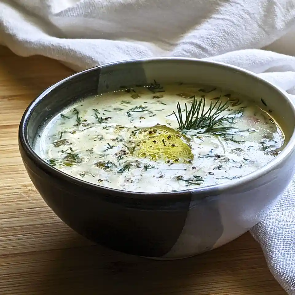 A close-up photograph shows a ceramic bowl filled with creamy, light-colored soup, garnished with fresh dill sprigs and a…