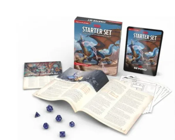 A product shot of the Dungeons & Dragons Starter Set, featuring the box, an open rulebook, a tablet displaying the same…