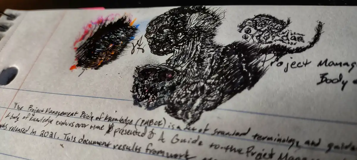 A hand-drawn, chaotic, monstrous creature made of scribbled ink appears on lined notebook paper, with text describing the…