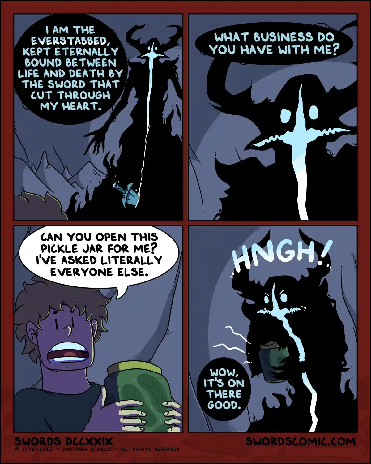 A four-panel comic shows a dark, horned, sword-wielding entity introducing itself as the 'Everstabbed' and asking what…