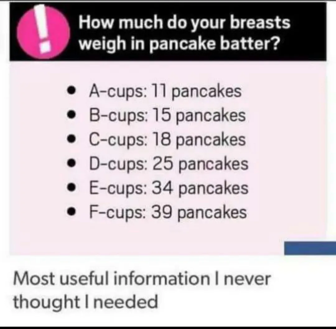 An image displays a list titled 'How much do your breasts weigh in pancake batter?' with bullet points correlating bra cup…